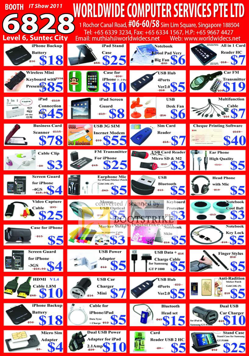 IT Show 2011 price list image brochure of Worldwide Computer Accessories IPad IPhone Battery Cool Pad Mouse Card Reader Screen Guard Charger Bluetooth Headset