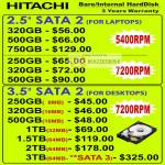 Hitachi Internal Hard Disk HDD SATA Notebooks Desktops 5400RPM 7200RPM