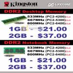 Kingston DDR2 Memory Desktop Notebook 533Mhz 667Mhz 800Mhz PC2 4200 5300 6400 CL4 CL5 CL6