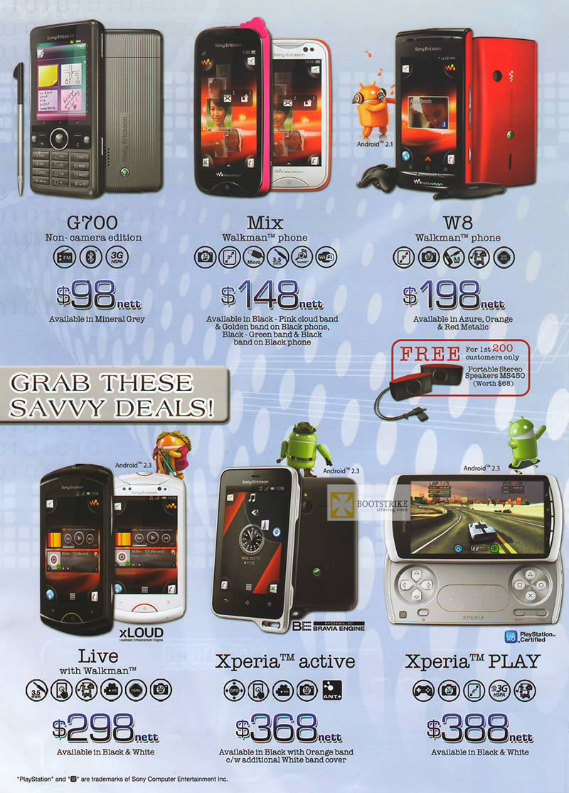 IT SHOW 2012 price list image brochure of 6range Sony Smartphones Mobile G700, Mix Walkman, W8, Live With Walkman, Xperia Active, Xperia Play