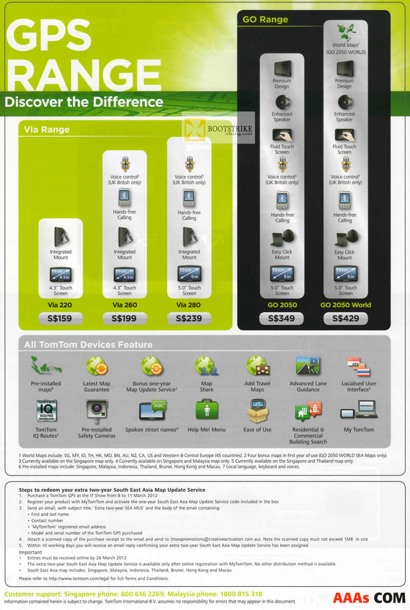 IT SHOW 2012 price list image brochure of AAAs Com TomTom GPS Via Range Via 220, Via 260, Via 280, Go 2050, Go 2050 World, Features