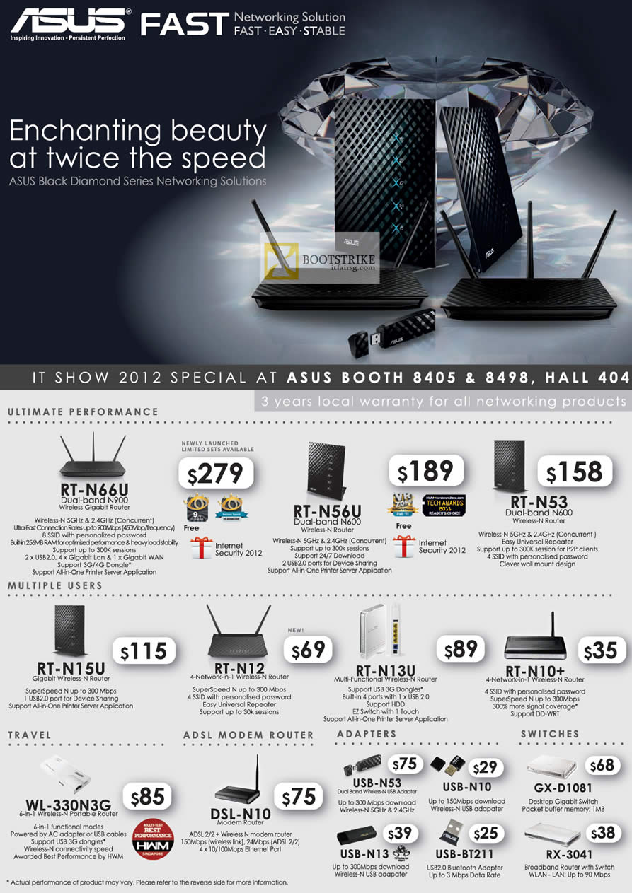 IT SHOW 2012 price list image brochure of ASUS Networking Router RT-N66U, RT-N56U, RT-N53, RT-N15U, RT-N12, RT-N13U, RT-N10, ADSL Modem Router, USB Adapter, Switches