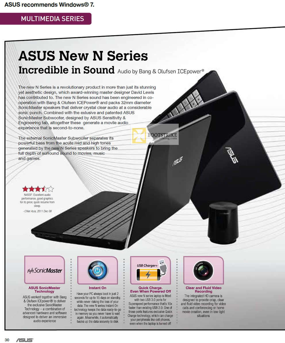 IT SHOW 2012 price list image brochure of ASUS Notebooks N Series Features, SonicMaster, Instant On, Bang Olufsen Icepower Audio