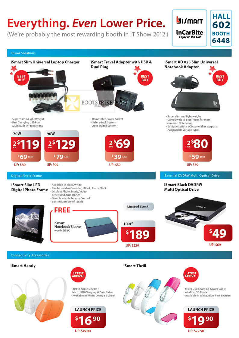 IT SHOW 2012 price list image brochure of Acecom ISmart Universal Notebook Charger, Travel Adapter, AD 025, LED Digital Photo Frame, DVD-RW Optical Drive, Handy, Thrill