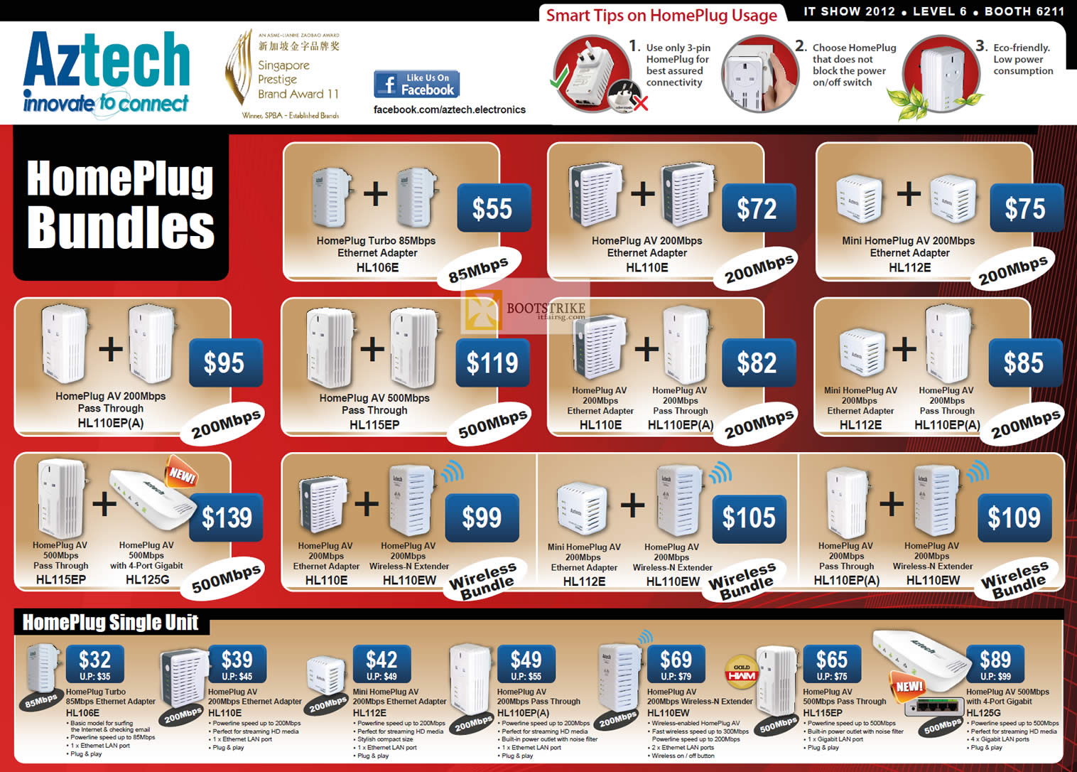 IT SHOW 2012 price list image brochure of Aztech Networking HomePlug Bundles, Single Unit, HL106E, HL110E, HL112E, HL115EP, HL128G, Ethernet Adapter, Wireless N Extender