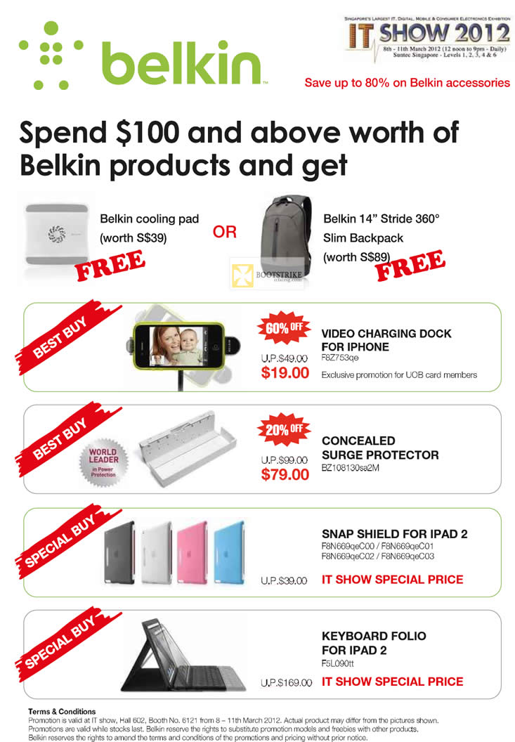 IT SHOW 2012 price list image brochure of Ban Leong Belkin IPhone Video Charging Dock, Surge Protector, Snap Shield, Keyboard Folio