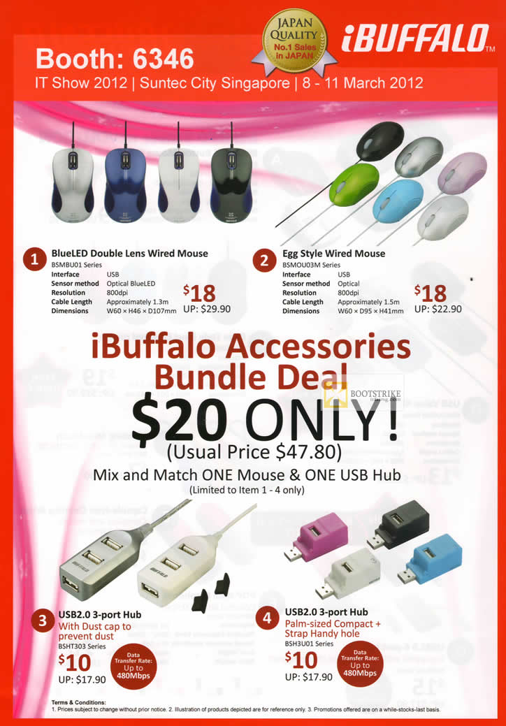 IT SHOW 2012 price list image brochure of Buffalo BlueLED Double Lens Mouse, Egg Style Mouse, Accessories, USB Hub, USB3