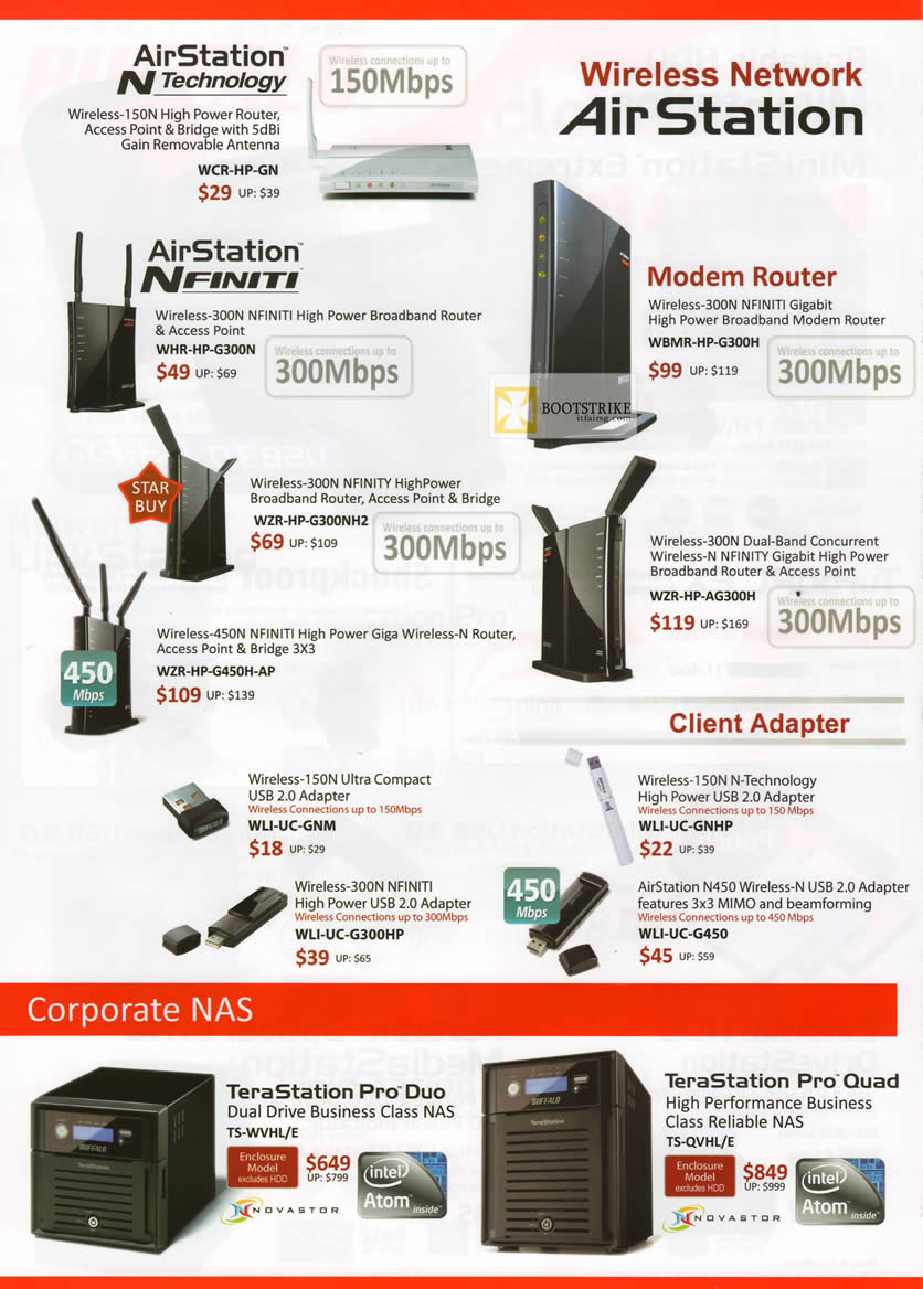 IT SHOW 2012 price list image brochure of Buffalo Networking AirStation Wireless Router, Nfiniti, Modem, USB Adapter, NAS TeraStation Pro Duo, Quad