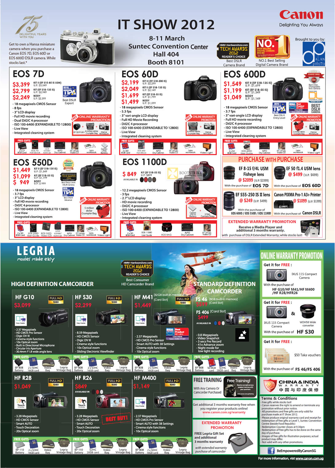 IT SHOW 2012 price list image brochure of Canon Digital Cameras DSLR EOS 7D, EOS 60D, EOS 600D, EOS 550D, EOS 1100D, Legria Video Camcorder HF G10, S30, M41, R28, R26, M400, FS 46, 406