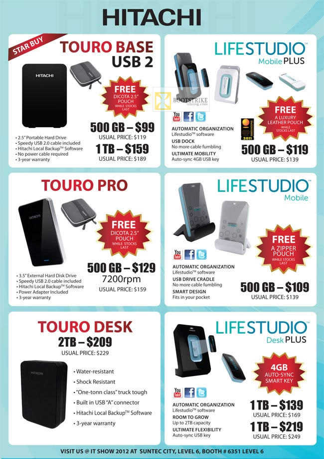 IT SHOW 2012 price list image brochure of Convergent Hitachi External Storage Touro Base, Lifestudio Mobile Plus, Pro, Desk