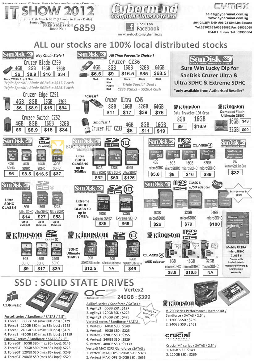 IT SHOW 2012 price list image brochure of Cybermind Flash Memory USB, Sandisk Cruzer Blade, Cruzer Edge, Ultra, Kingston, MicroSD, SDHC, Corsair SSD, ForceGT, OCZ Vertex2, Agility3, Kingston V 200, Crucial M4