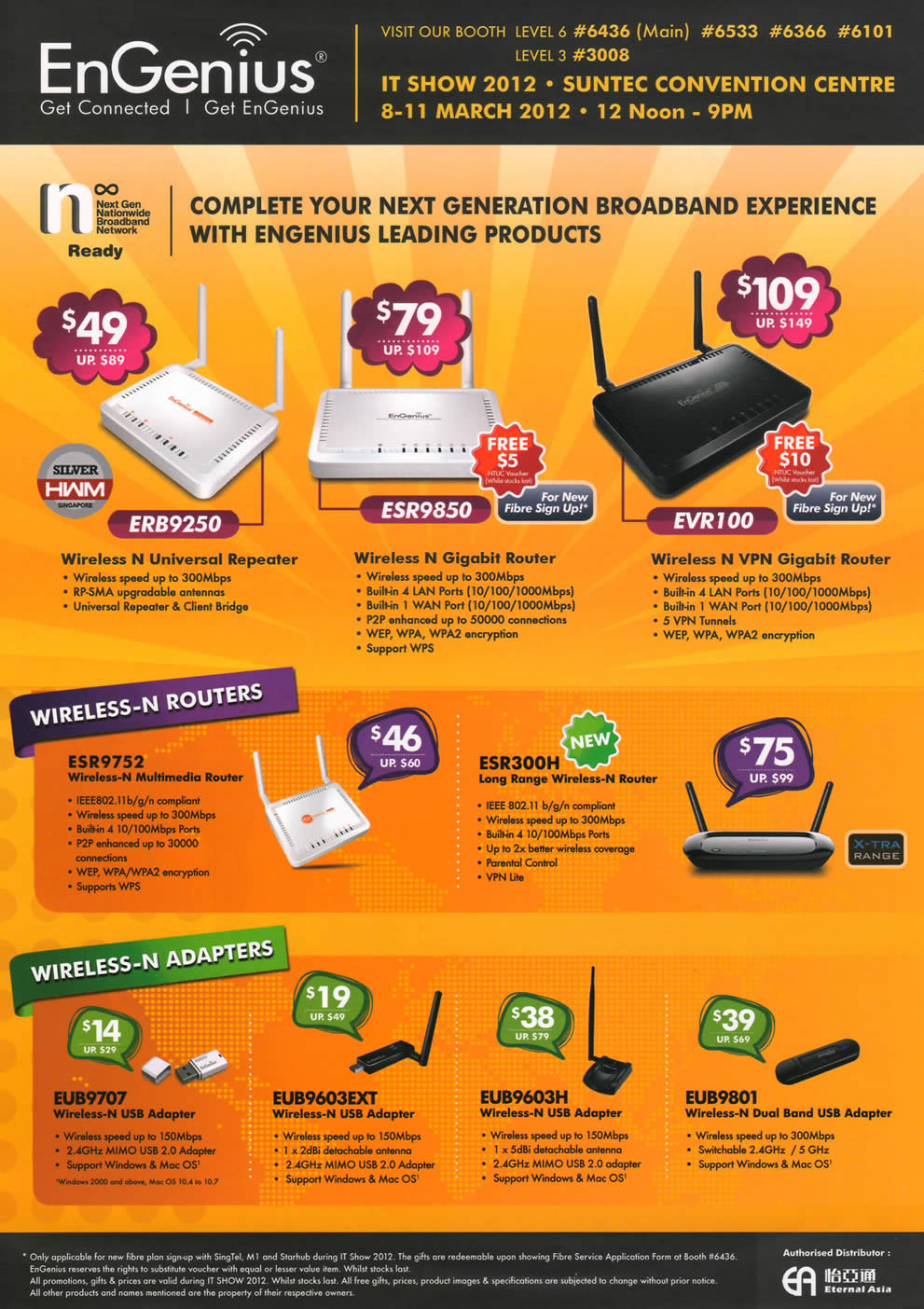 IT SHOW 2012 price list image brochure of Engenius Networking Repeater ERB9250, Router ESR9580 EVR100 ESR9752 ESR300H, USB Adapter EUB9707, EUB9603EXT, EUB9603H, EUB9801