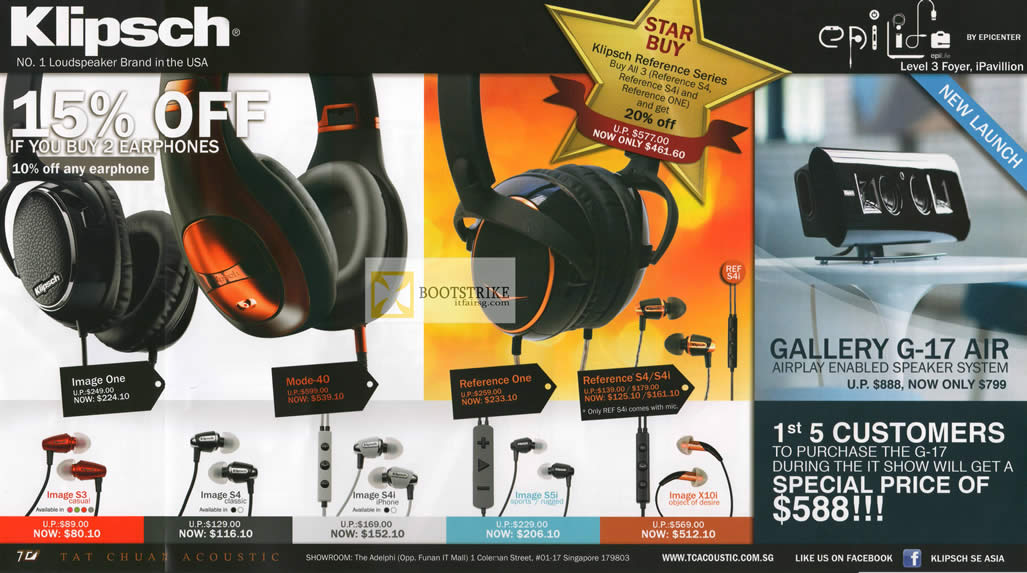 IT SHOW 2012 price list image brochure of EpiCentre Klipsch Headphones Image One, Mode-40, Reference One, S4 S4i, Gallery G-17 Air