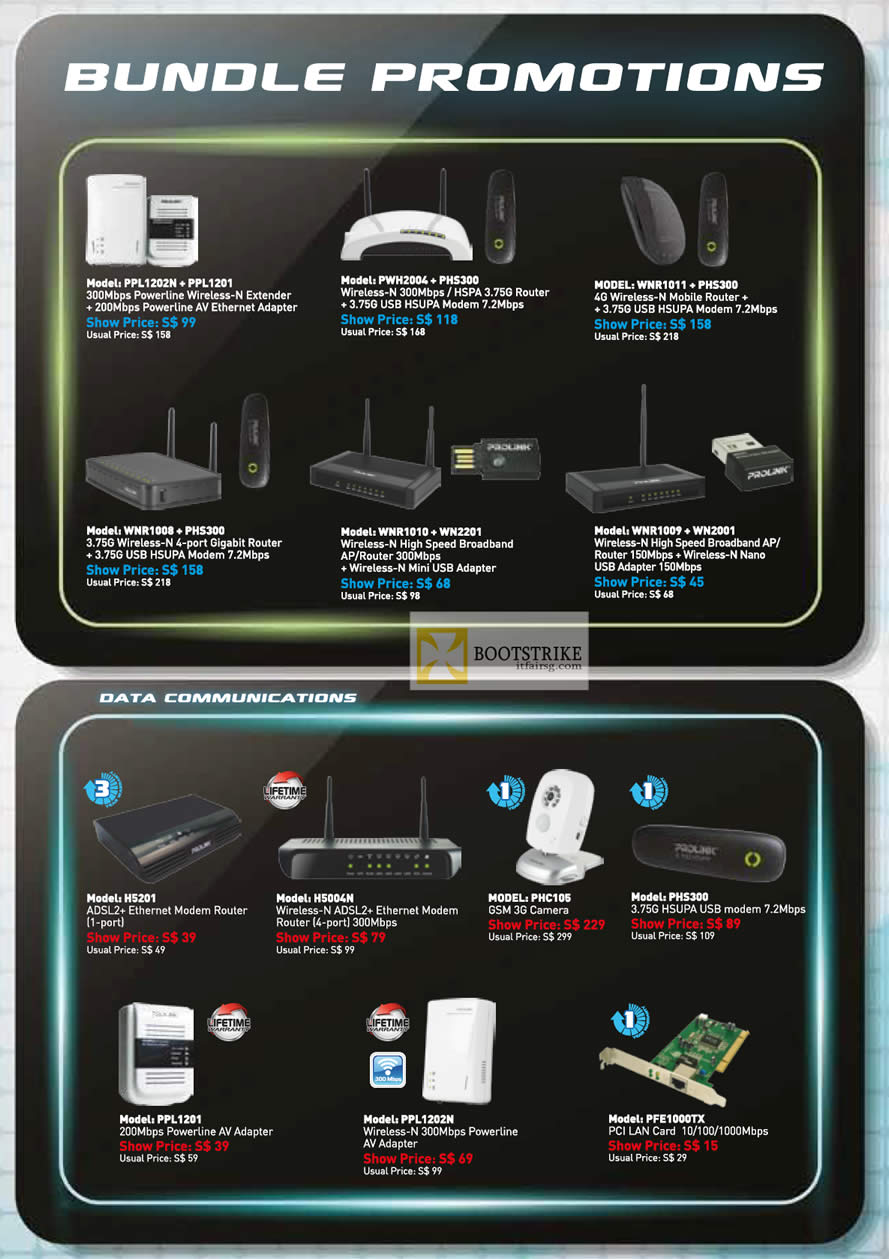 IT SHOW 2012 price list image brochure of Fida Prolink Bundle Promotions, Powerline, Router HSPA, Wireless, ADSL Ethernet Modem Router, USB, 3G Camera