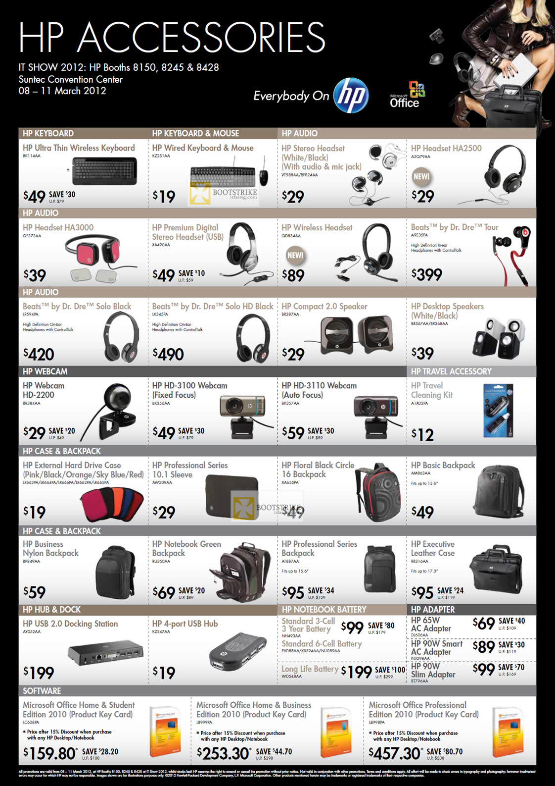 IT SHOW 2012 price list image brochure of HP Accessories Keyboard, Mouse, Headphones Headset Beats Dr Dre Solo, Webcam, Professional Sleeve, Case, USB Hub, Case, Backpack, Battery, Power Adapter