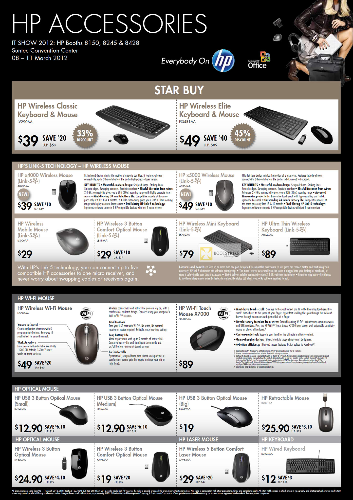 IT SHOW 2012 price list image brochure of HP Accessories Wireless Classic Keyboard, Mouse, Elite, X4000 Link-5, X5000, Wi-Fi Mouse X7000, Optical USB Mouse