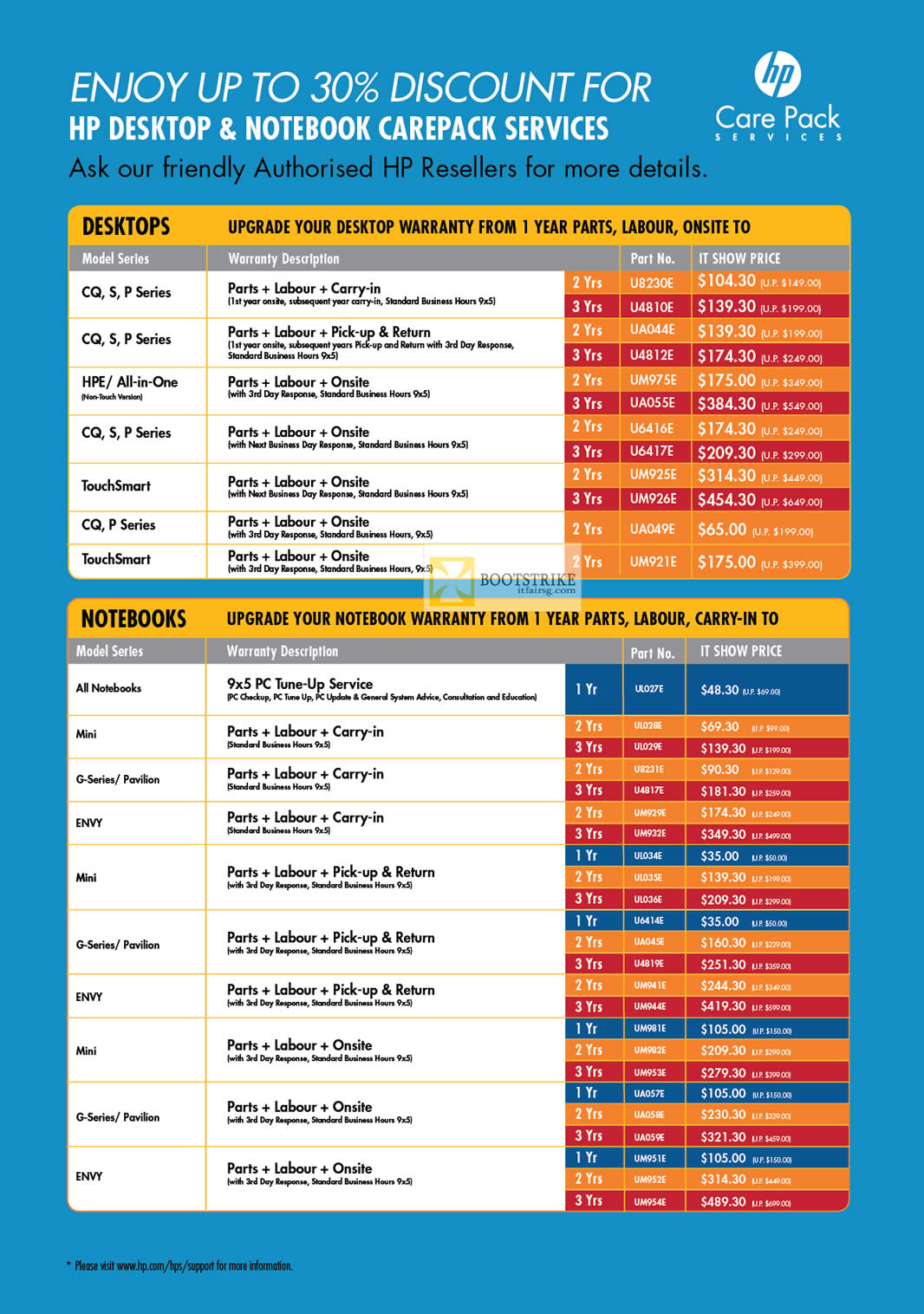 IT SHOW 2012 price list image brochure of HP Desktop Notebook Warranty Upgrade Options, Parts, Labour, Onsite