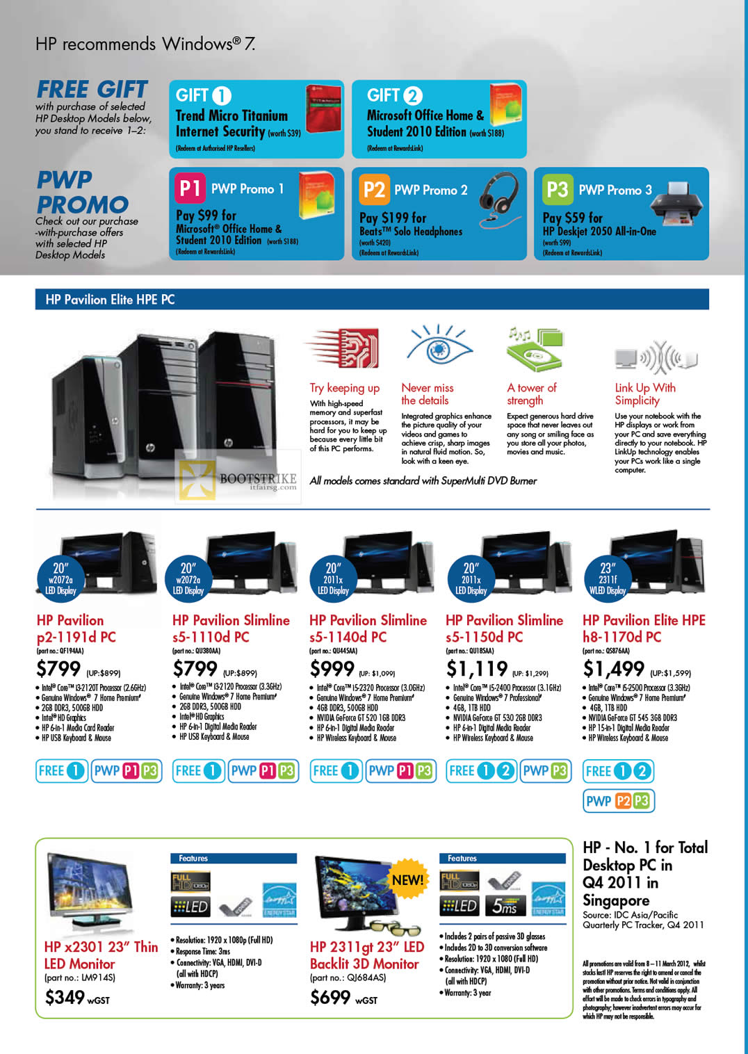 IT SHOW 2012 price list image brochure of HP Desktop PC Pavilion Elite HPE Features P2-1191d, Slimline S5-1110d, S5-1140d, S5-1150d, H8-1170d, X2301 LED Monitor, 2311gt 3D Monitor