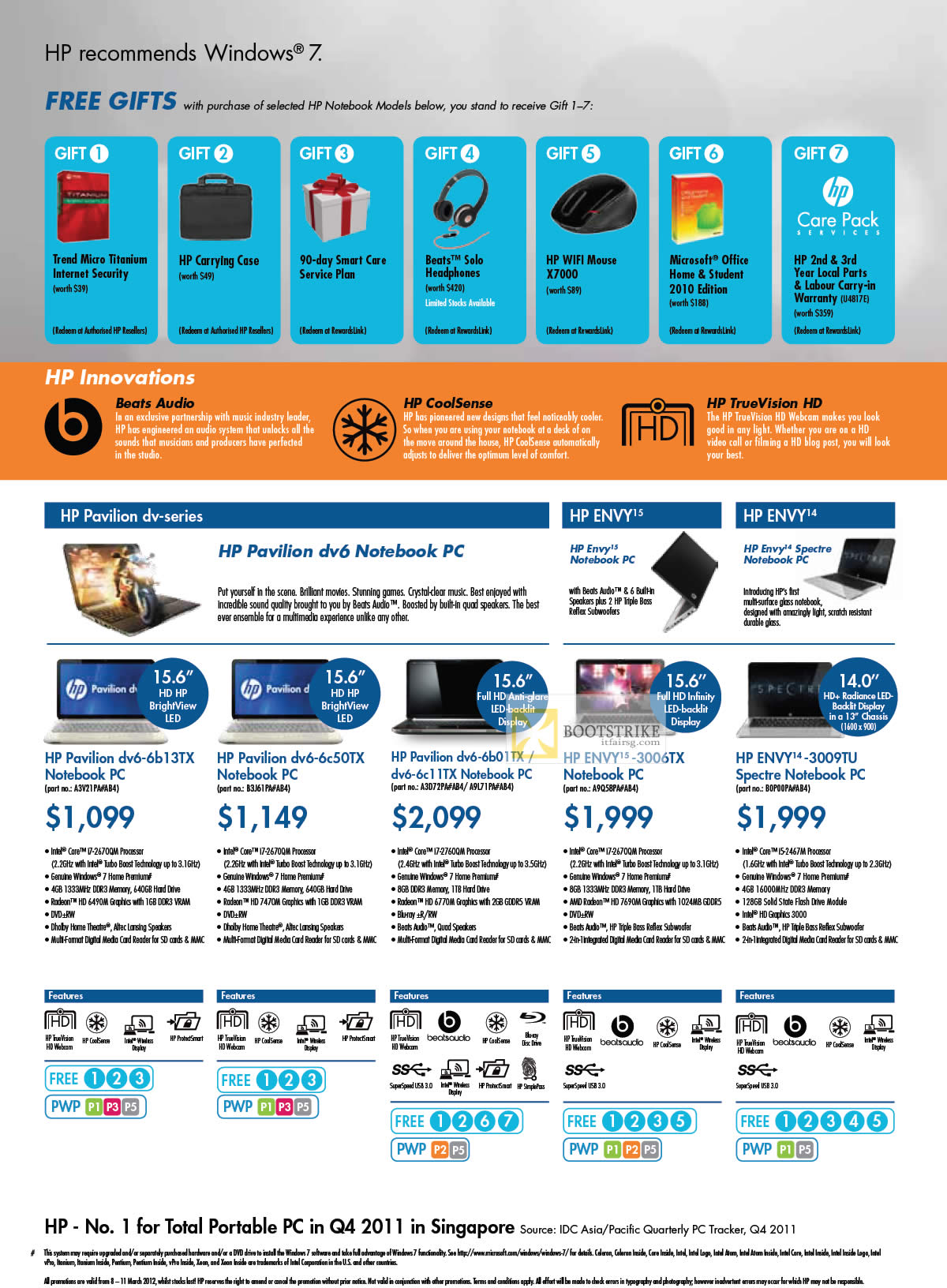 IT SHOW 2012 price list image brochure of HP Notebooks Pavilion Dv6-6b13tx, Dv6-6c50tx, Dv6-6b01tx, Dv6-6c11tx, Envy 15-3006tx, Envy 14-3009tu Spectre