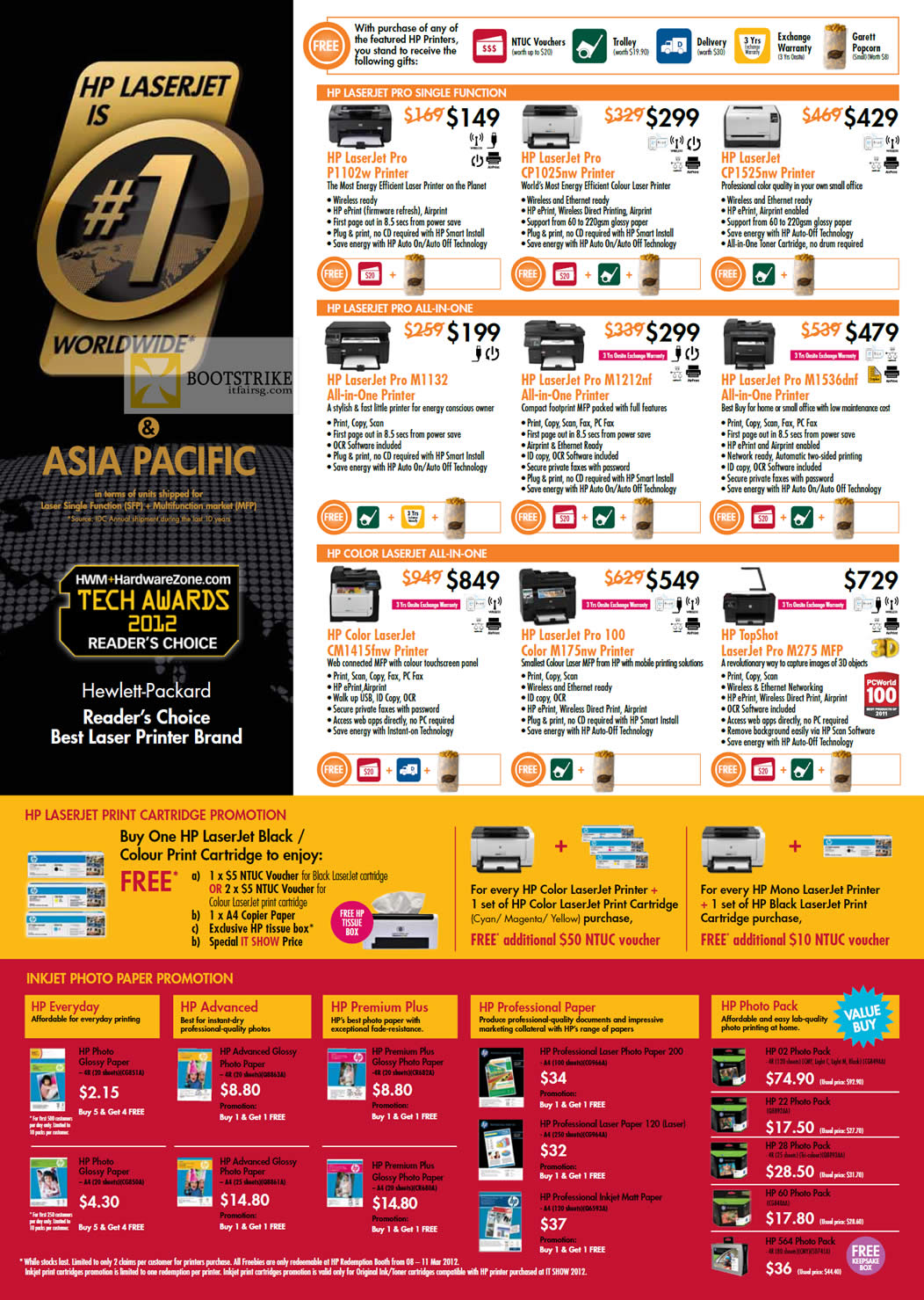 IT SHOW 2012 price list image brochure of HP Printers Laser Laserjet Pro P1102w CP1025nw CP1525nw M1132 M1212nf M1536dnf, Color CM1415fnw, Pro 100 Color M175nw M275 MFP, Toner