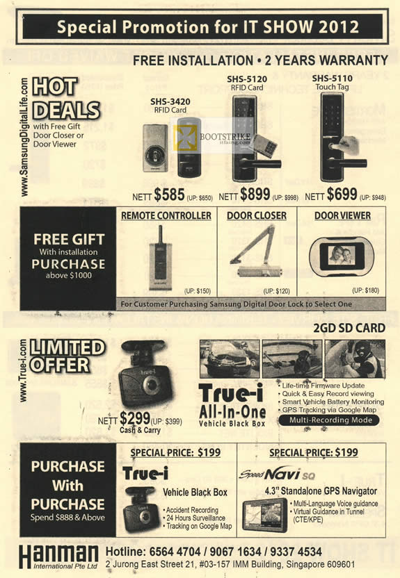 IT SHOW 2012 price list image brochure of Hanman Samsung Door Security, Closer, Viewer, True-I Camera, Vehicle Black Box, SpeedNavi SQ GPS Navigator