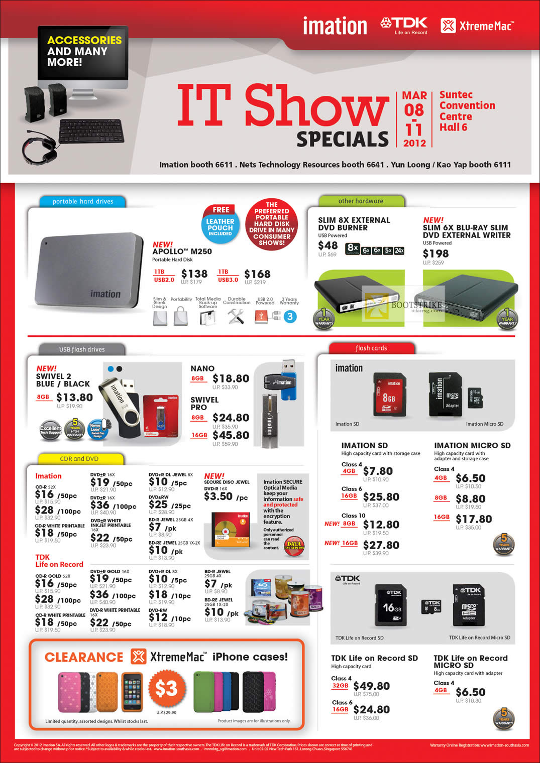 IT SHOW 2012 price list image brochure of Imation TDK Apollo M250 External Storage, External DVD Optical Drive, USB Flash Drive Swivel 2, Pro, Nano, SD Flash Memory, MicroSD, XtremeMac IPhone Case