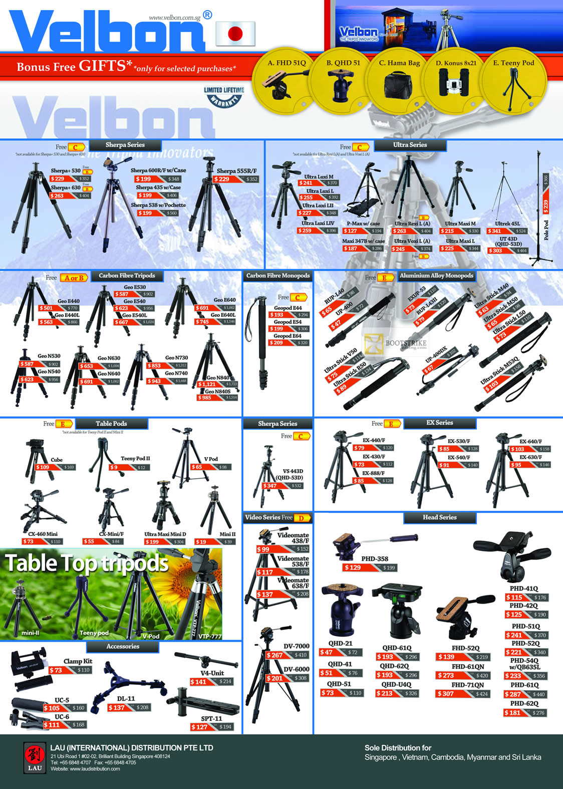 IT SHOW 2012 price list image brochure of Lau Intl Velbon Tripods, Sherpa, Ultra, Carbon Fibre, Aluminium Alloy Monopods, Table, EX, Head, Table Top