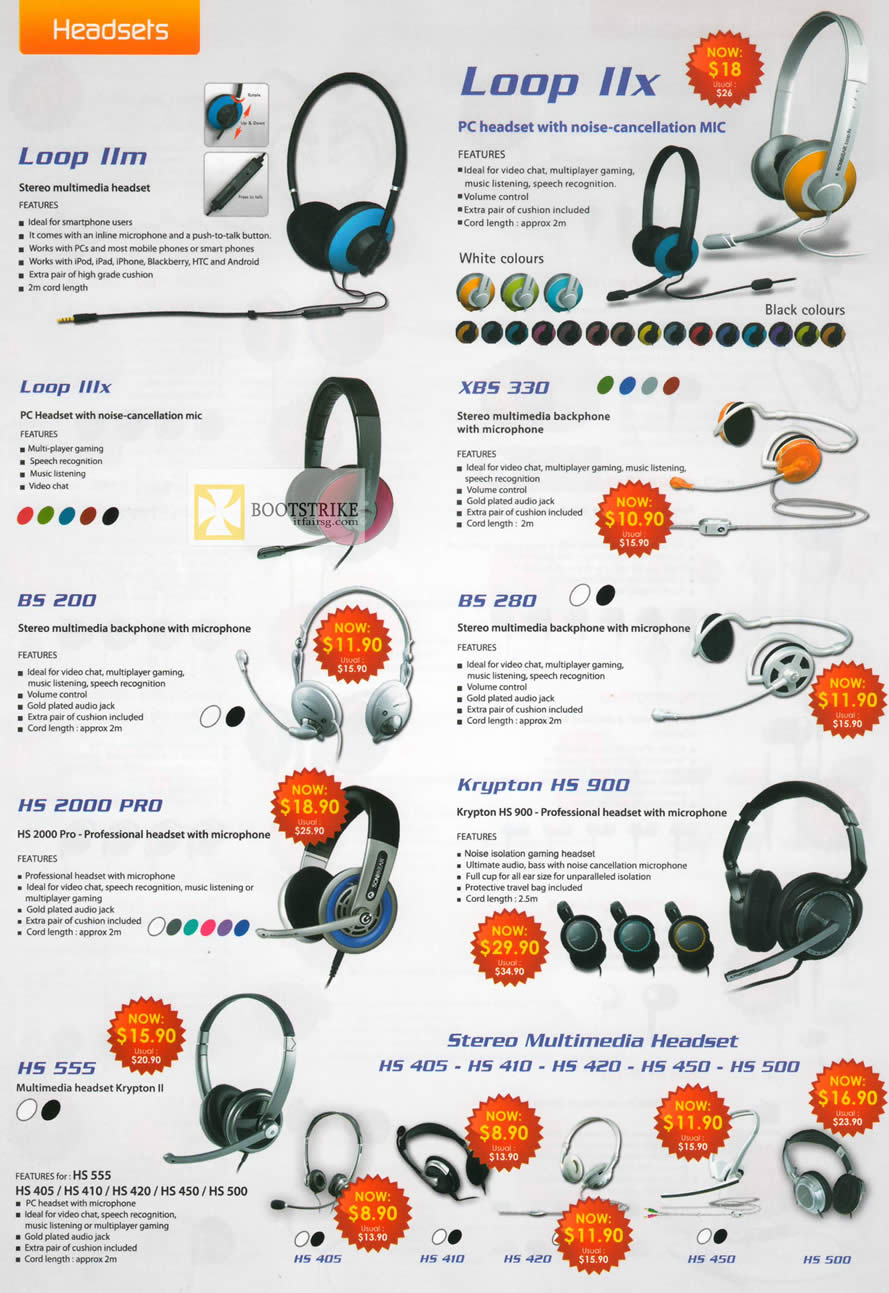 IT SHOW 2012 price list image brochure of Leap Frog Sonicgear Headsets Loop IIx, Loop IIm, Loop IIIx, XBS 330, BS 280, BS 200, HS 2000 Pro, Krypton HS 900, HS 555