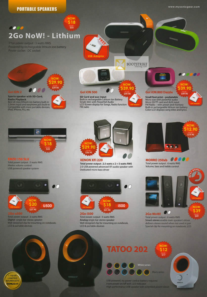 IT SHOW 2012 price list image brochure of Leap Frog Sonicgear Portable Speakers Go Ion 2, Ion 500, 800 Dazzle, Enzo 150 SLU, Xenon Xfi 220, Morro 250xb, 2Go U500, I500, 2Go WoW, Tatoo 202