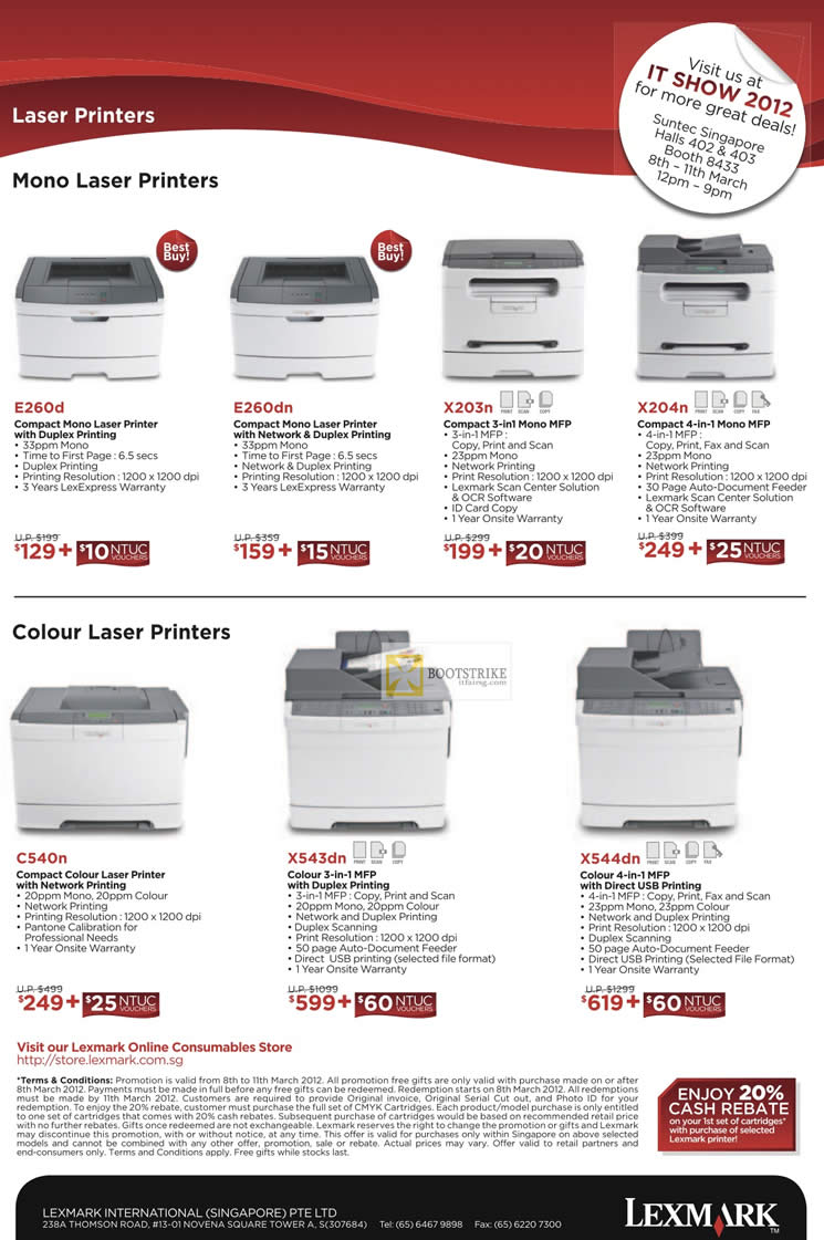 IT SHOW 2012 price list image brochure of Lexmark Printers Laser E260d, E260dn, X203n, X204n, C540n, X543dn, X544dn