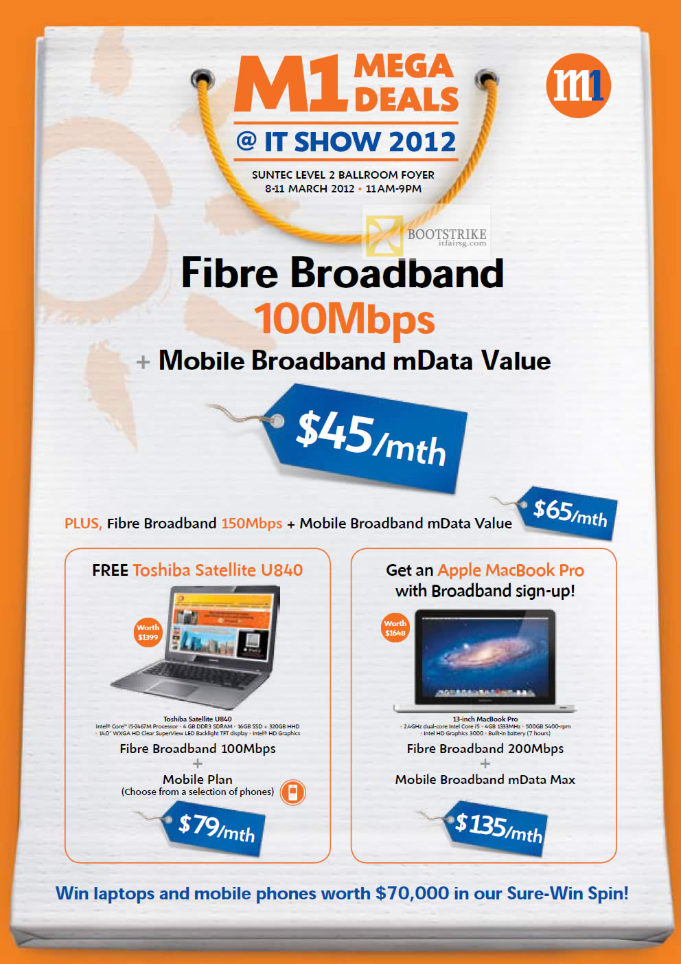 IT SHOW 2012 price list image brochure of M1 Broadband Fibre 100Mbps, MData Value, Toshiba Satellite U840 Notebook, Apple MacBook Pro, 200Mbps