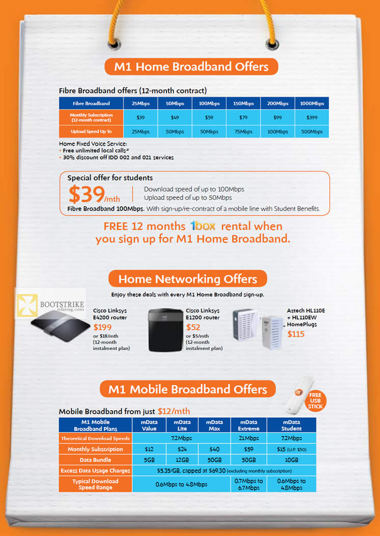 IT SHOW 2012 price list image brochure of M1 Broadband, Fibre, Fixed Voice, Students, Cisco Linksys E4200 Router, E1200, Aztech HL110E HL110EW HomePlug, Mobile Broadband MData