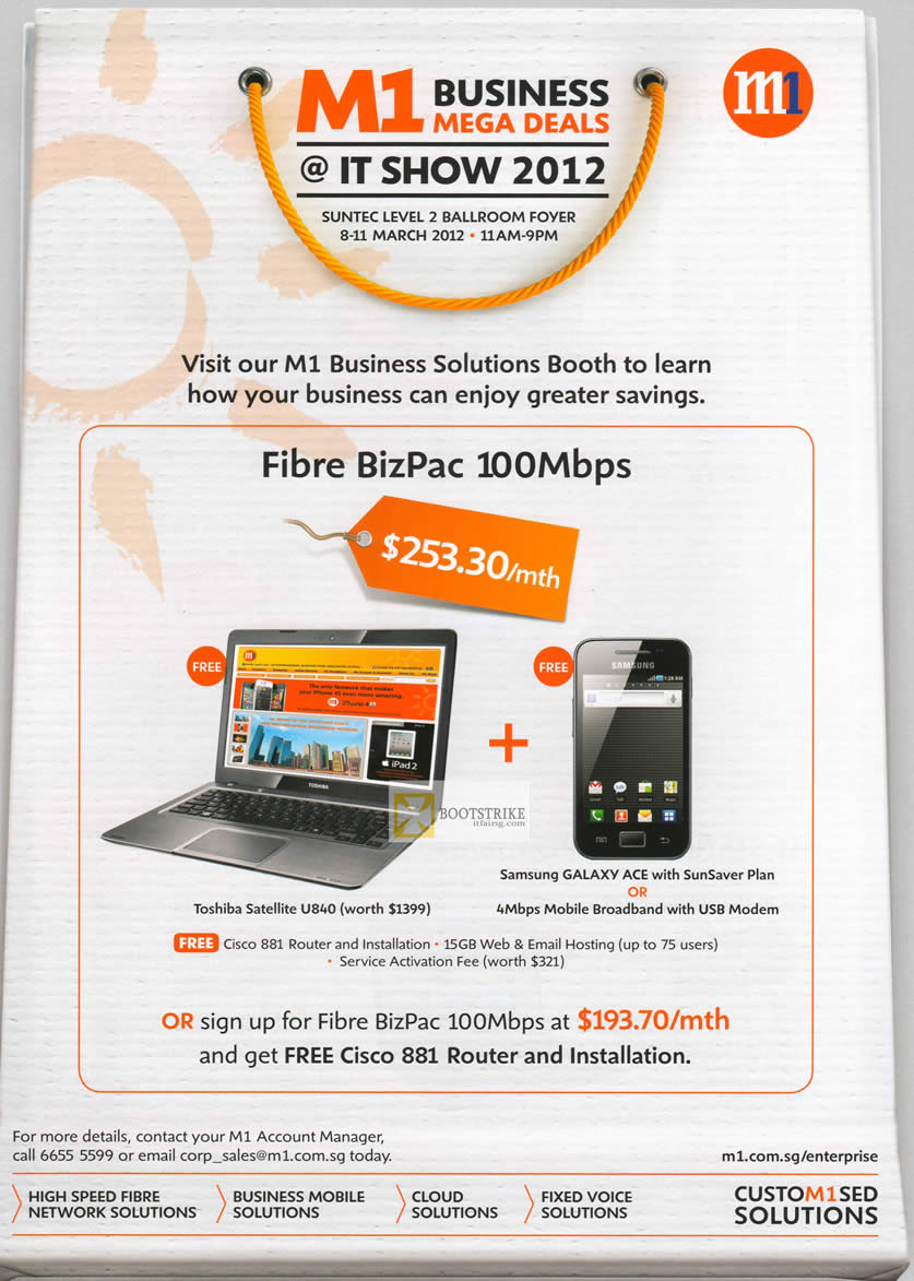 IT SHOW 2012 price list image brochure of M1 Business Fibre BizPac 100Mbps, Free Toshiba Satellite U840, Samsung Galaxy Ace, 100Mbps, Cisco 881 Router