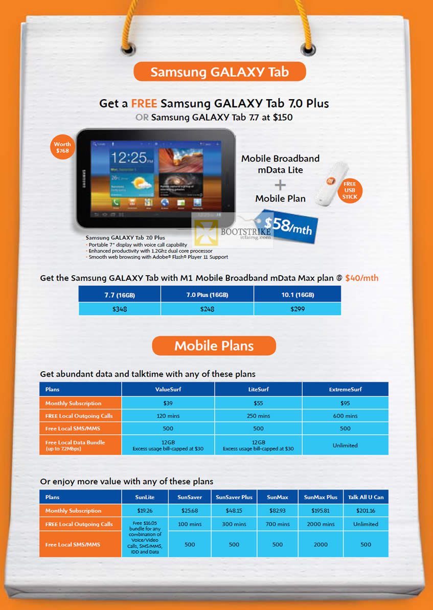 IT SHOW 2012 price list image brochure of M1 Mobile Broadband MData Lite Free Samsung Galaxy Tab 7.0 Plus, Galaxy Tab 7.7, Mobile Plans, ValueSurf, LiteSurf, SunLite, SunSaver