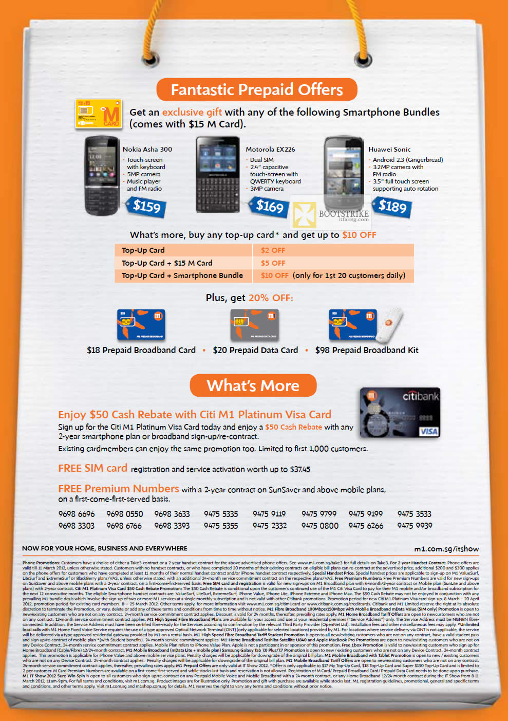 IT SHOW 2012 price list image brochure of M1 Mobile Nokia Asha 300, Motorola EX226, Huawei Sonic, Prepaid Broadband, Data Card, Citibank