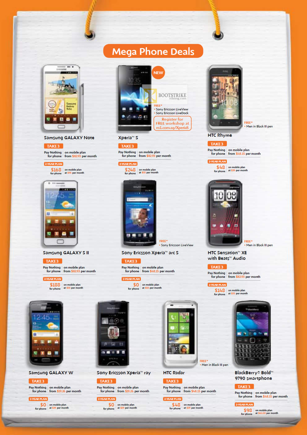 IT SHOW 2012 price list image brochure of M1 Mobile Samsung Galaxy Note, Galaxy S II, Galaxy W, Xperia Ray, Xperia Arc S, Xperia S, HTC Rhyme, Sensation XE, Radar, BlackBerry Bold 9790