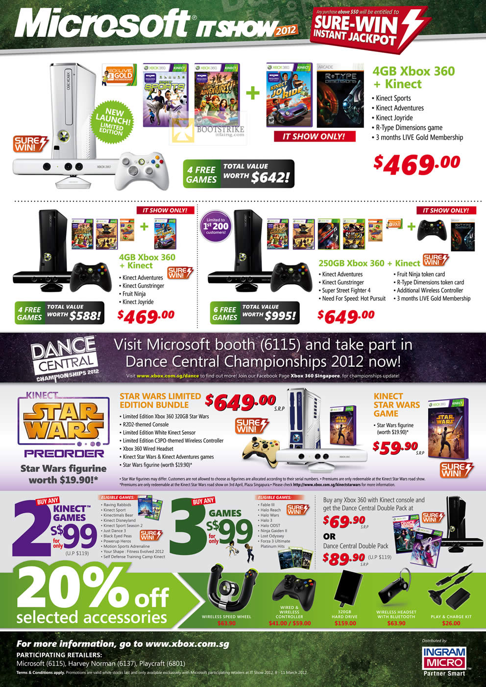 IT SHOW 2012 price list image brochure of Microsoft XBox 360 Kinect White, Games, Dance Central Championship, Star Wars, Figurine, Accessories, Wireless Speed Wheel, Controller, Headset With Bluetooth