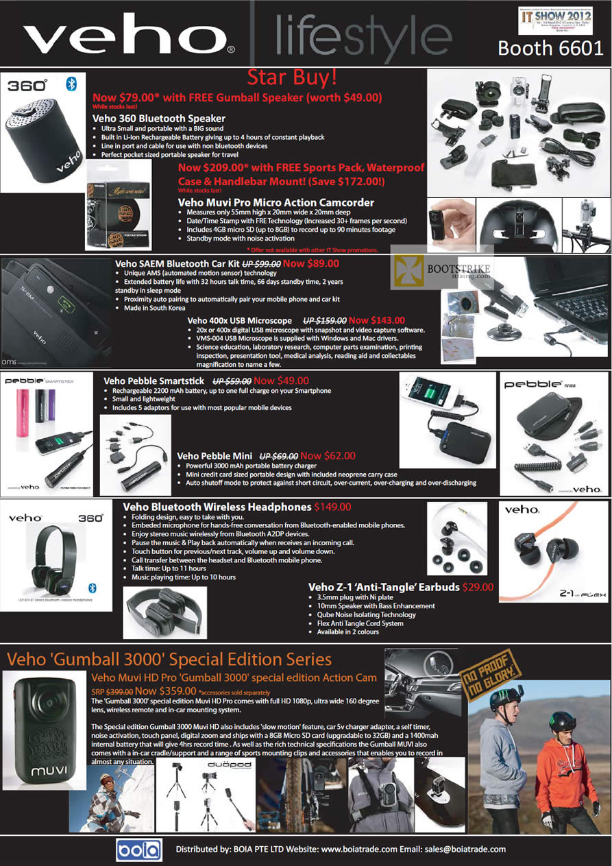 IT SHOW 2012 price list image brochure of Mojito Veho 360 Bluetooth Speaker, Muvi Pro Camcorder, Saem Bluetooth Car Kit, USB Microscope, Pebble Smartstick, Mini, Headphone, Earbud, Gumball 3000