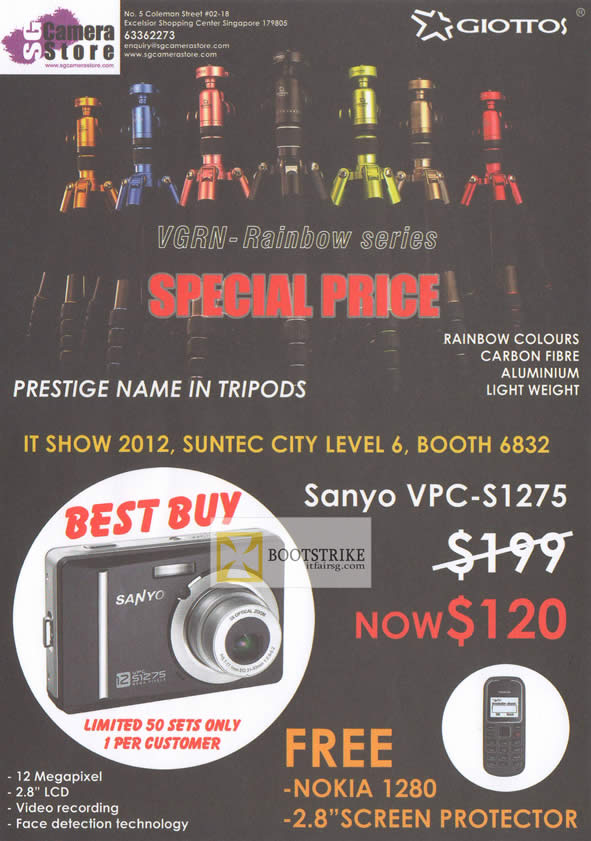 IT SHOW 2012 price list image brochure of Mpass Tripods Rainbow Colours, Giottos, Sanyo VPC-S1275 Digital Camera