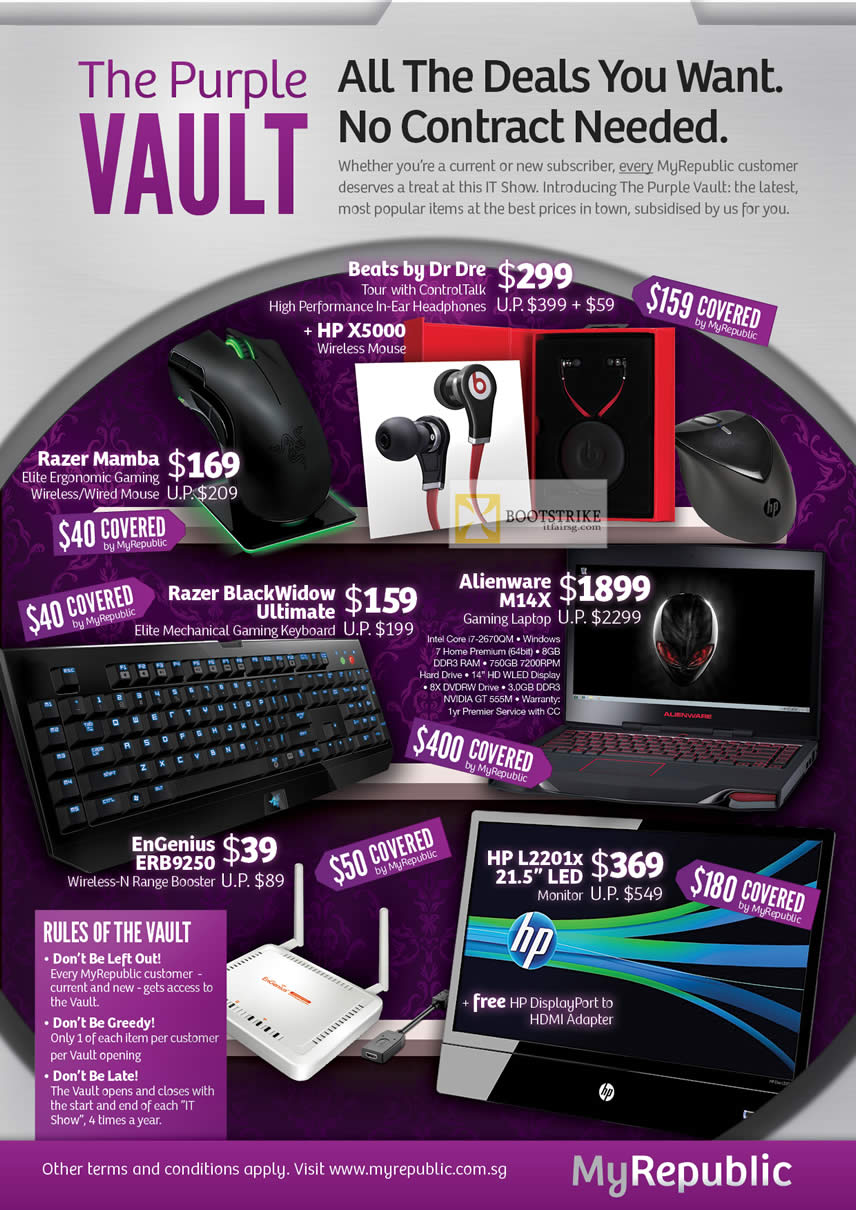 IT SHOW 2012 price list image brochure of MyRepublic Customer Deals, Beats By Dr Dre Headphones, Razer Mamba, Engenius, HP