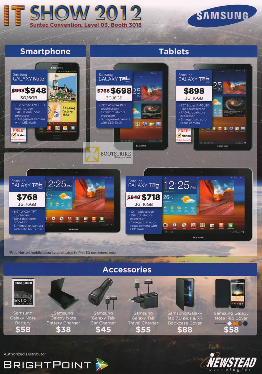 IT SHOW 2012 price list image brochure of Newstead Samsung Mobile Smartphones Galaxy Note, Tab 7.0 Plus, Tab 7.7, Tab 8.9, Tab 10.1, Accessories