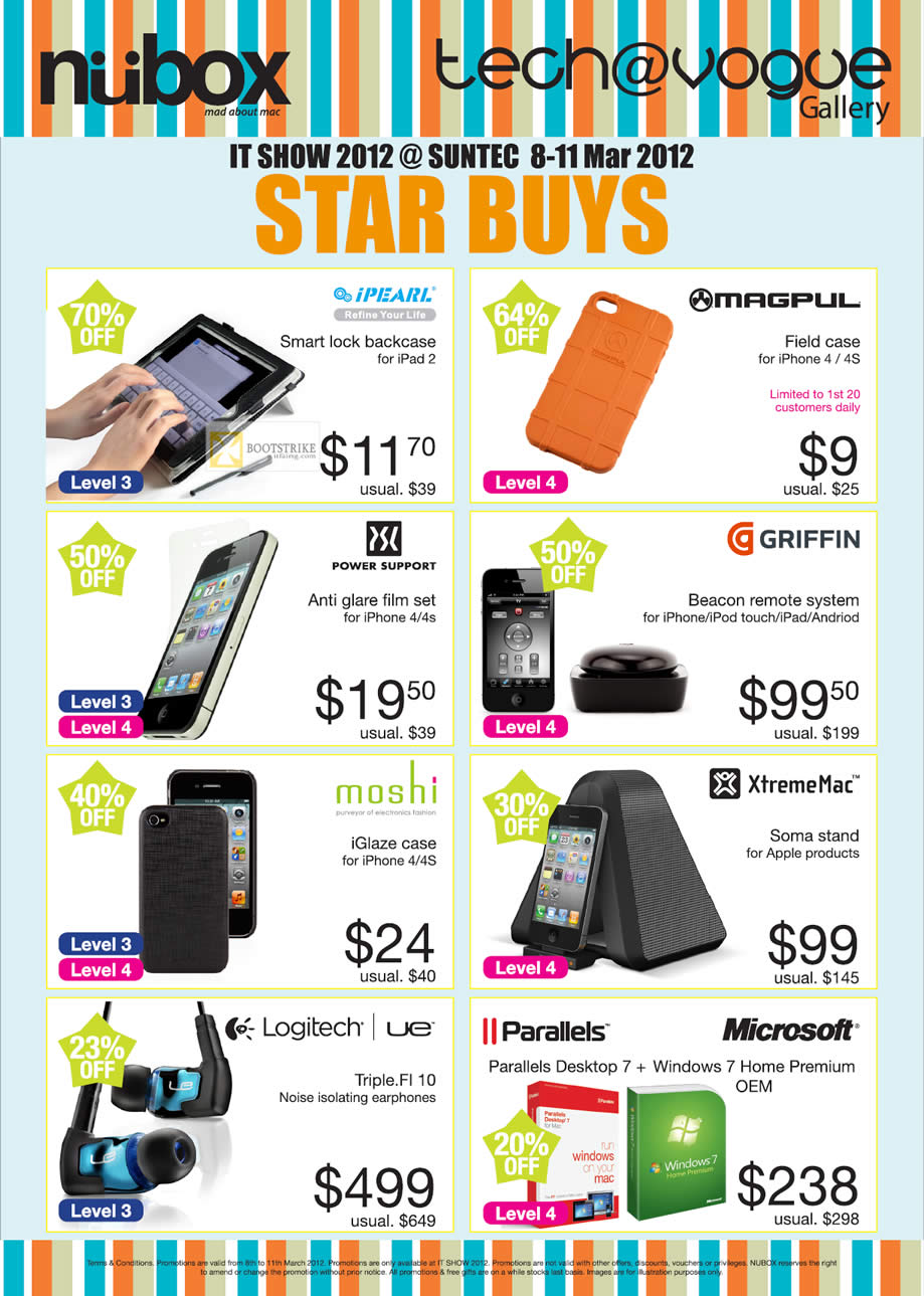 IT SHOW 2012 price list image brochure of Nubox Griffin Beacon Remote System, Moshi IGlaze Case, XtremeMac Soma Stand, Parallels Desktop 7, Logitech Triple Fi 10 Earphones Ultimate Ears