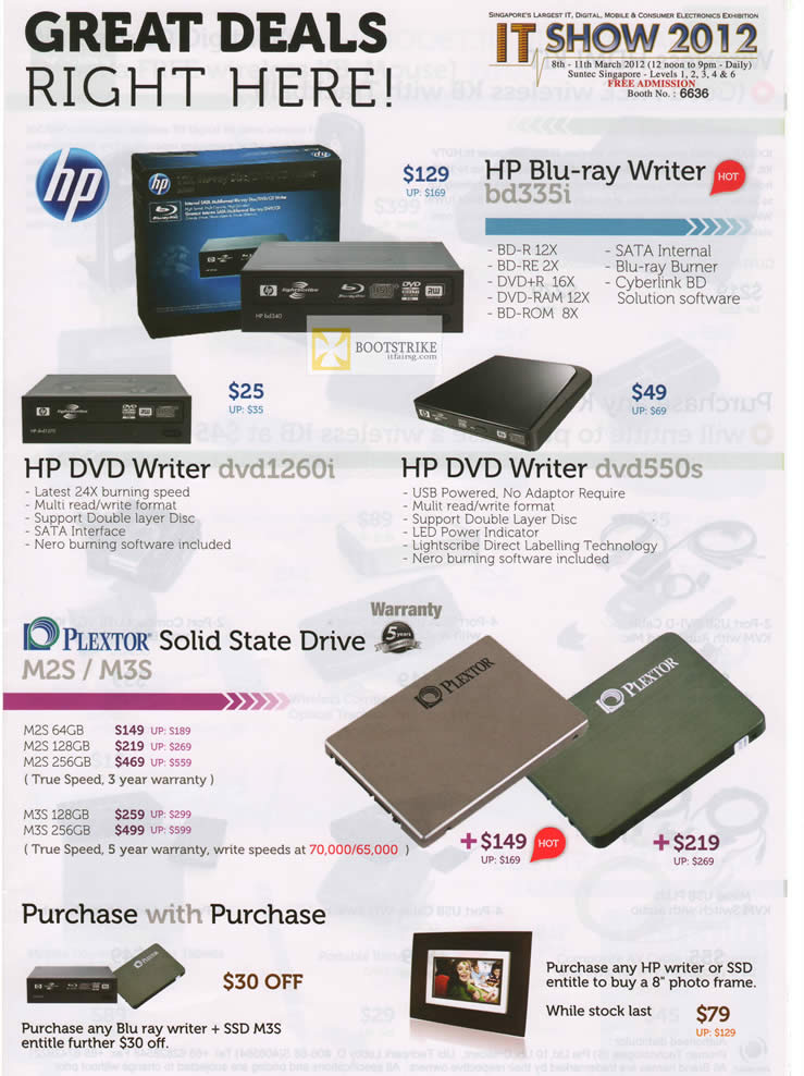 IT SHOW 2012 price list image brochure of Promac HP Blu-Ray Writer Bd335i, DVD Writer Dvd1260i, External Dvd550s, Plextor SSD M2S, M3S