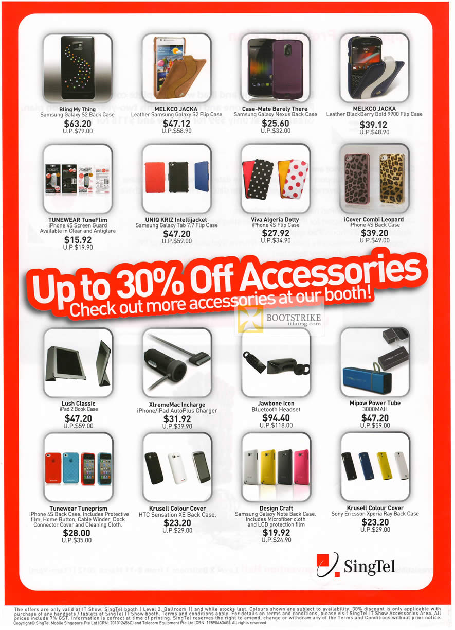 IT SHOW 2012 price list image brochure of Singtel Apple IPhone Accessories, Case, Screen Guard, Uniq Kriz, Viva, Tunewear Tuneprism, Mipow Power Tube, Jawbone Icon, XtremeMac Incharge, Lush Classic