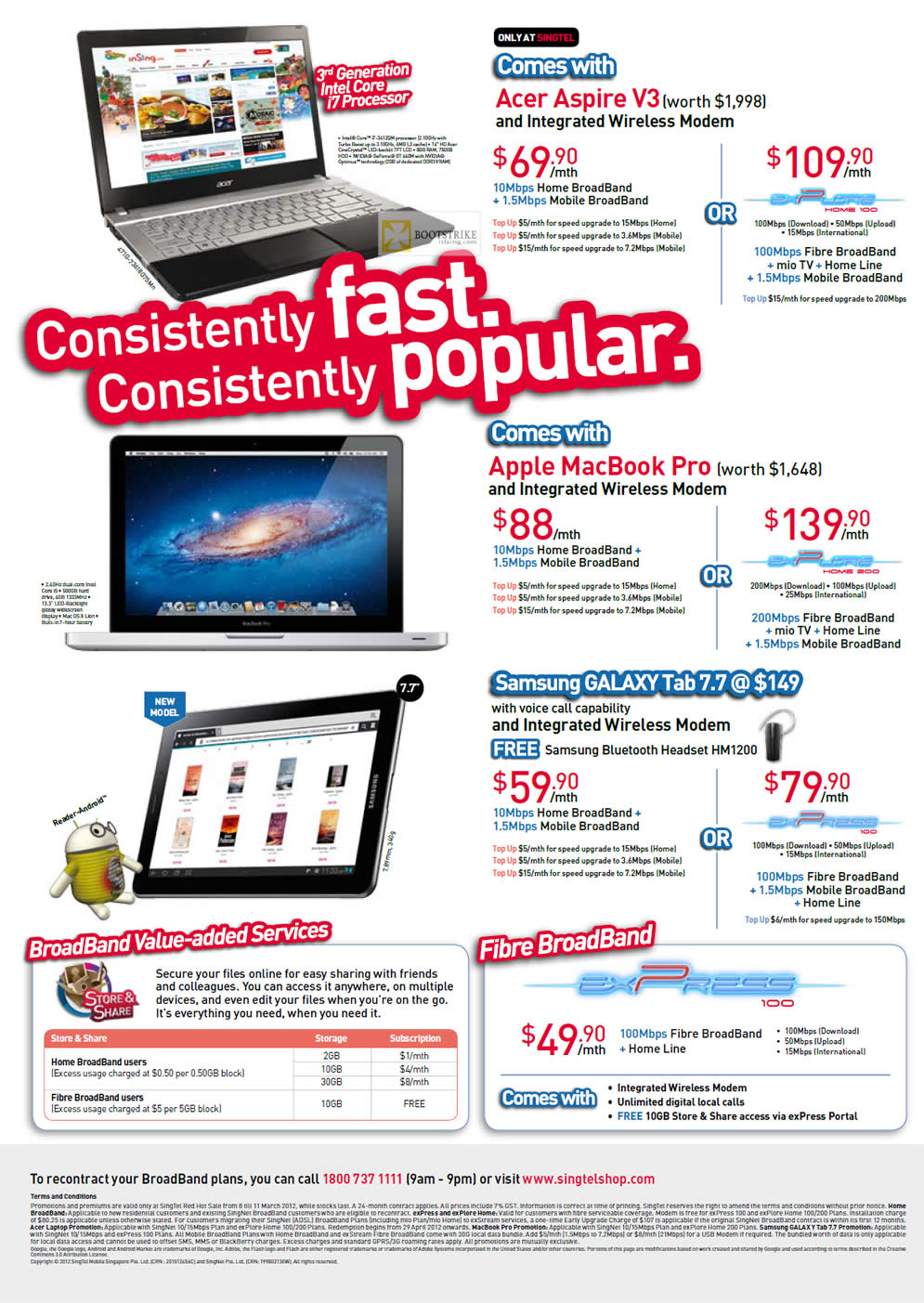 IT SHOW 2012 price list image brochure of Singtel Broadband Acer Aspire V3, Apple Macbook Pro, Samsung Galaxy Tab 7.7, Fibre Express 100