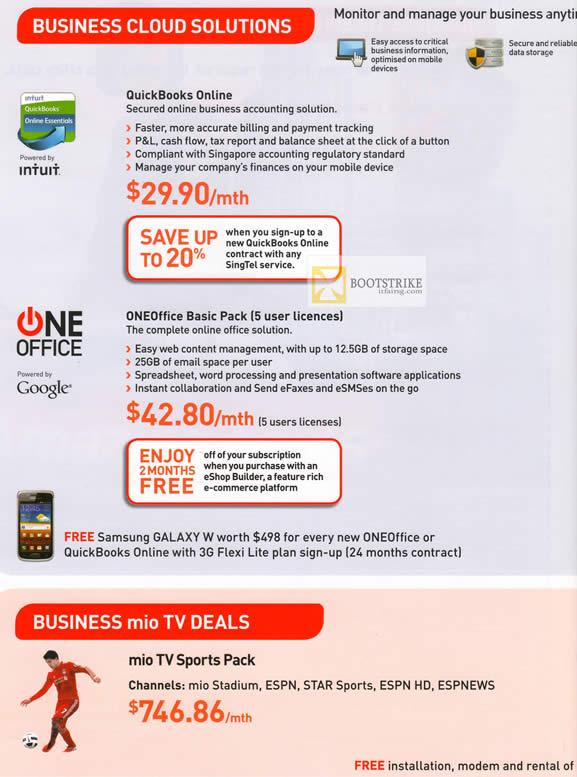 IT SHOW 2012 price list image brochure of Singtel Business Quickbooks Online, Oneoffice Basic Pack, Mio TV Sports Pack