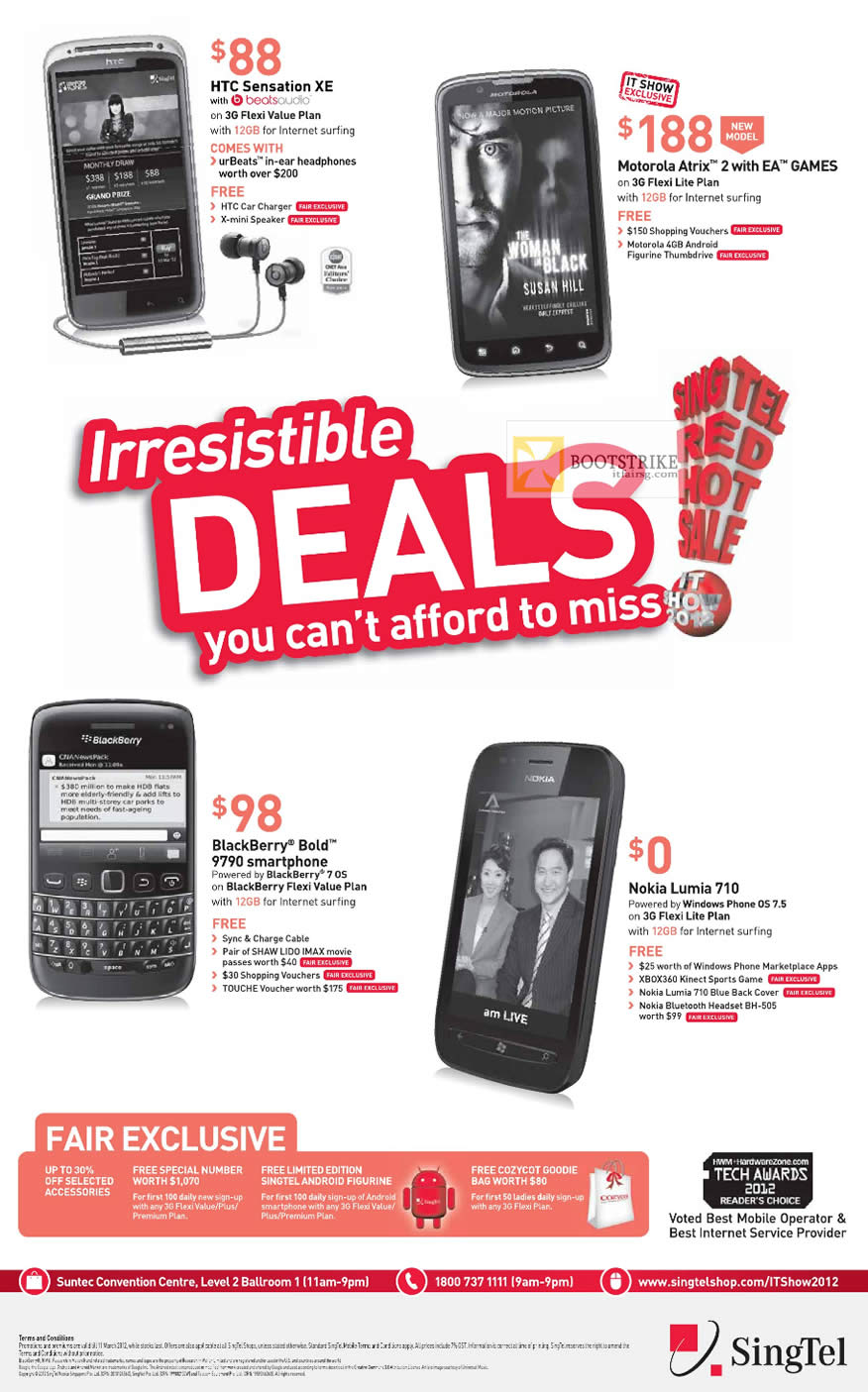 IT SHOW 2012 price list image brochure of Singtel Mobile HTC Sensation XE, Motorola Atrix 2, Blackberry Bold 9790, Nokia Lumia 710