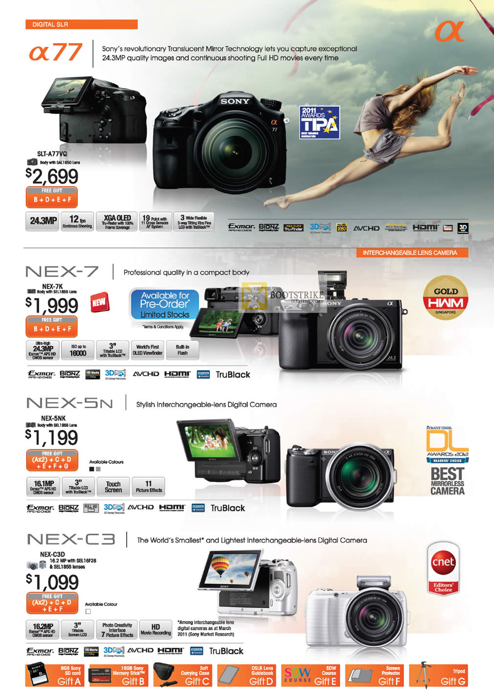 IT SHOW 2012 price list image brochure of Sony Digital Cameras DSLR Alpha SLT-A77VQ, NEX-7K, NEX-5NK, NEX-C3D