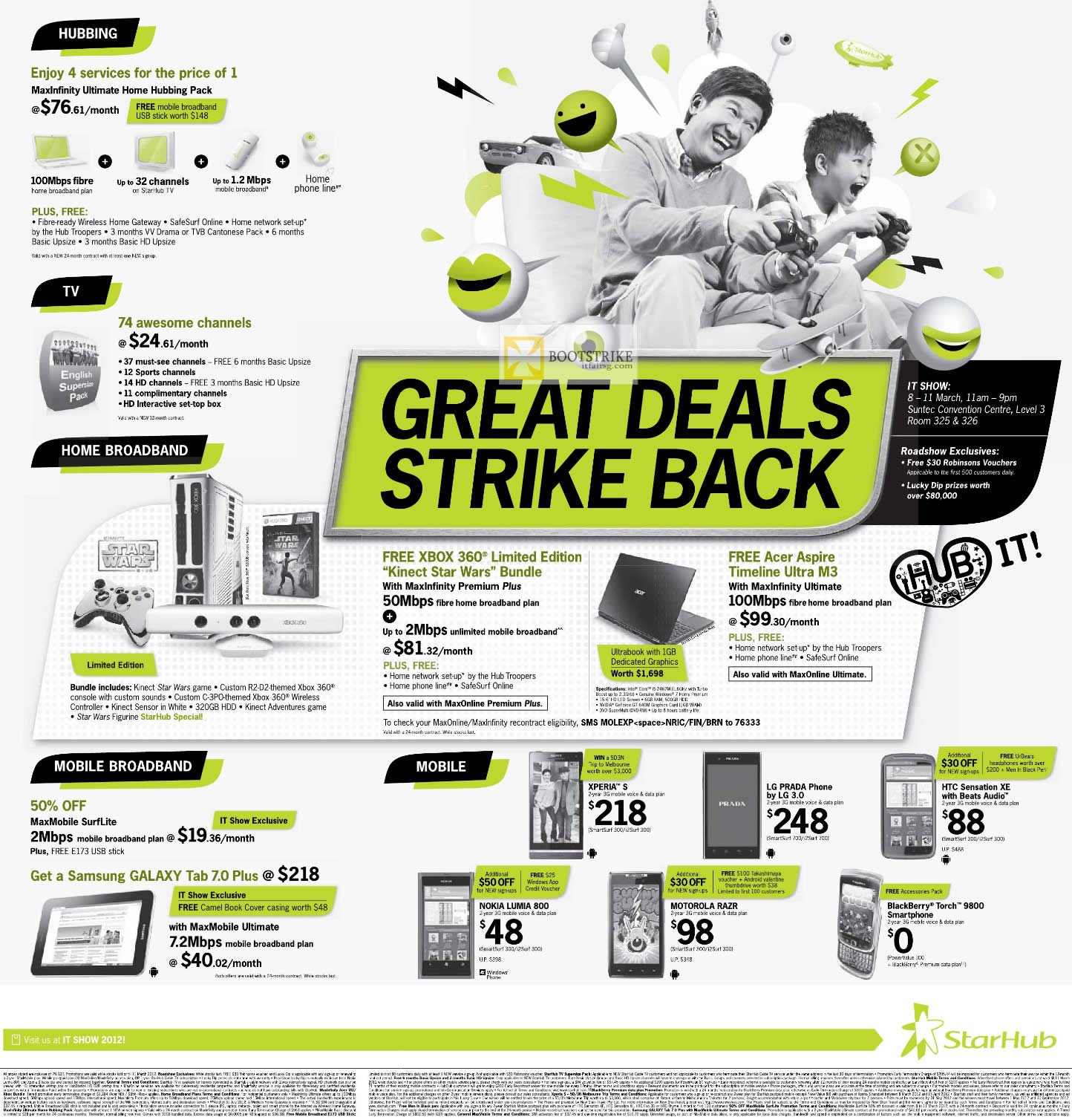 IT SHOW 2012 price list image brochure of Starhub Acer Aspire Timeline Ultra M3, Galaxy Tab 7.0 Plus, Nokia Lumia 800, Xperia S, LG Prada Phone, Motorola Razr, HTC Sensation XE, Blackberry Torch 9800