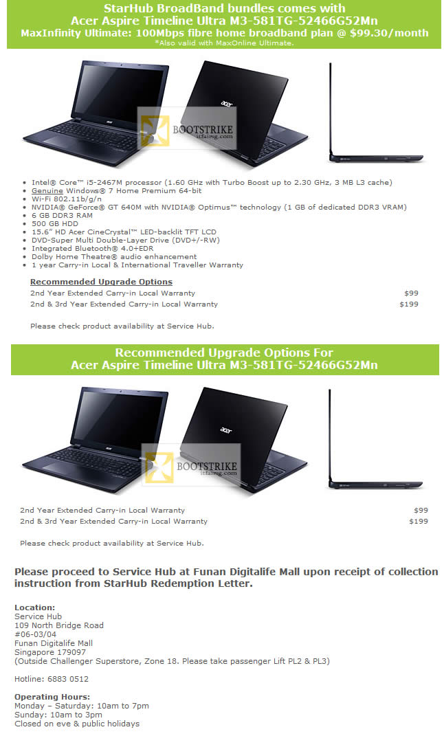 IT SHOW 2012 price list image brochure of Starhub Free Acer Aspire Timeline Ultra M3-581TG-52466G52Mn Notebook Specifications, Upgrades, Redemption